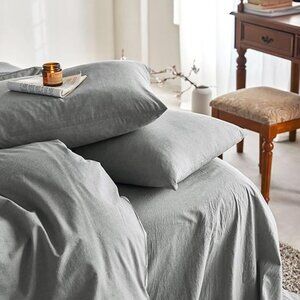 Wake In Cloud - Washed Cotton Duvet Cover & Sheet Set, King Size, Gray, 7 pieces